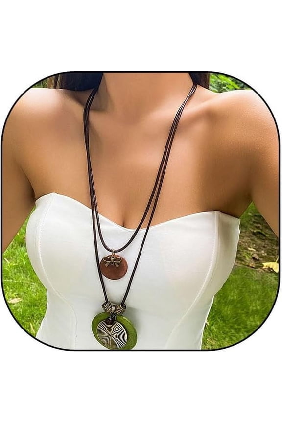 Long Boho Necklaces for Women Stacking Leather Cord Wooden Disc Pendant Necklaces Choker Vintage Adjustable Trendy Necklace Jewelry Gift