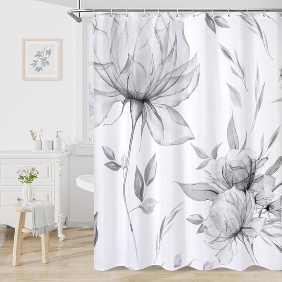 Long Boho Watercolor Floral Shower Curtain 72 x 78, Grey Ink Painting Style Flower Shower Curtains for Chic Elegant Bathroom, Artistic 78 Inch Long Fabric Shower Curtain