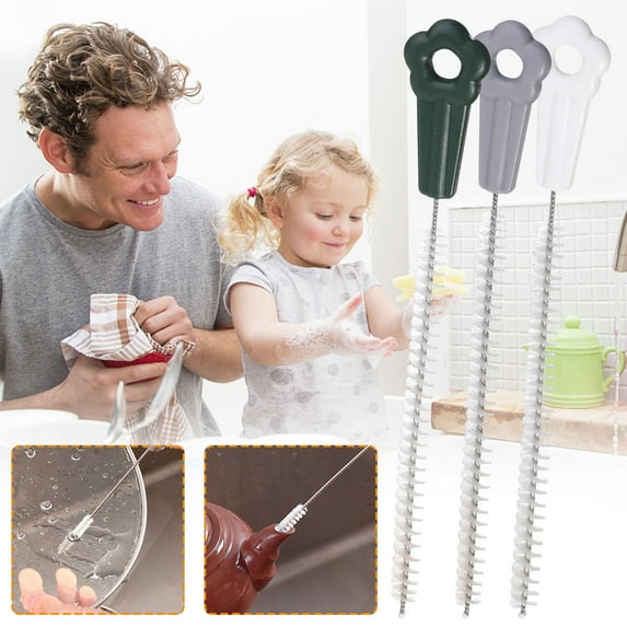 Long Bottle Brush Set - Soft Bristle Straw Cleaner for Narrow Containers, Jars, Spouts - Gentle Multipurpose Cleaning Tool for Small Gaps - Portable Olive Green Brush (1 Pack)