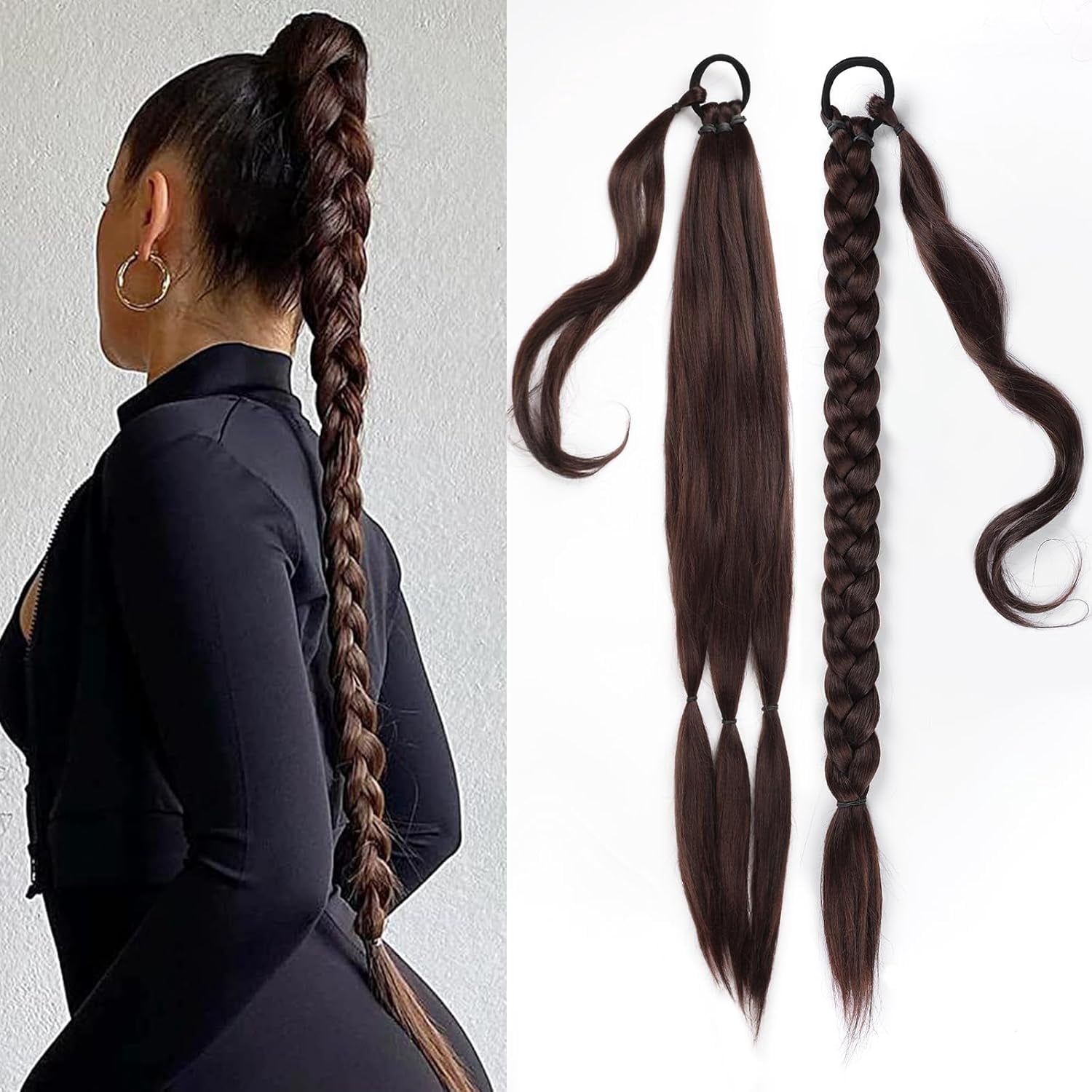 Long Braided Ponytail Extension with Hair Straight Wrap Around Ponytail ...