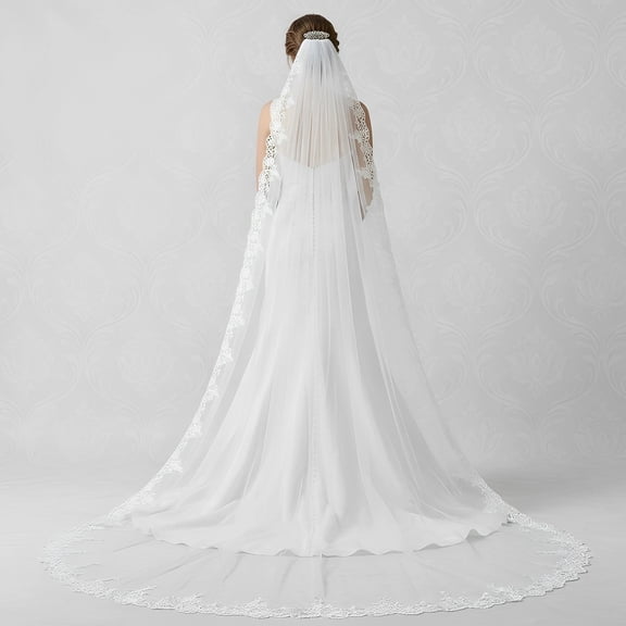 Long Bridal Veil, Cathedral Wedding Hairwear with Lace Applique Edge, White Tulle Comb