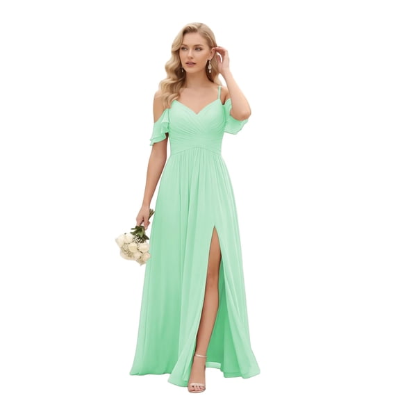 Long Side Ruffled Dress Long Bridesmaid Dress for Women, Cold Shoulder Spaghetti Strap Chiffon ...