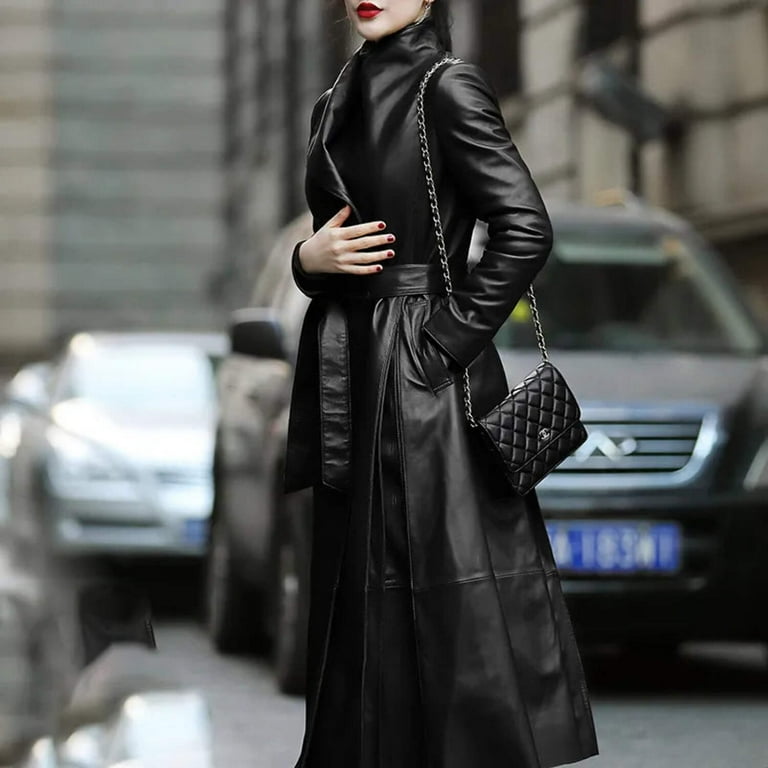 Black Leather Belted Trench Faux Leather Trench Coat Womens Black