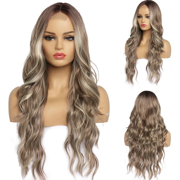 Long Brown Blonde Wavy Wig 26 Inch Middle Part Curly Wavy Wig for Women Natural Looking Synthetic Heat Resistant Fiber Wig for Daily Party Use (Brown Blonde)
