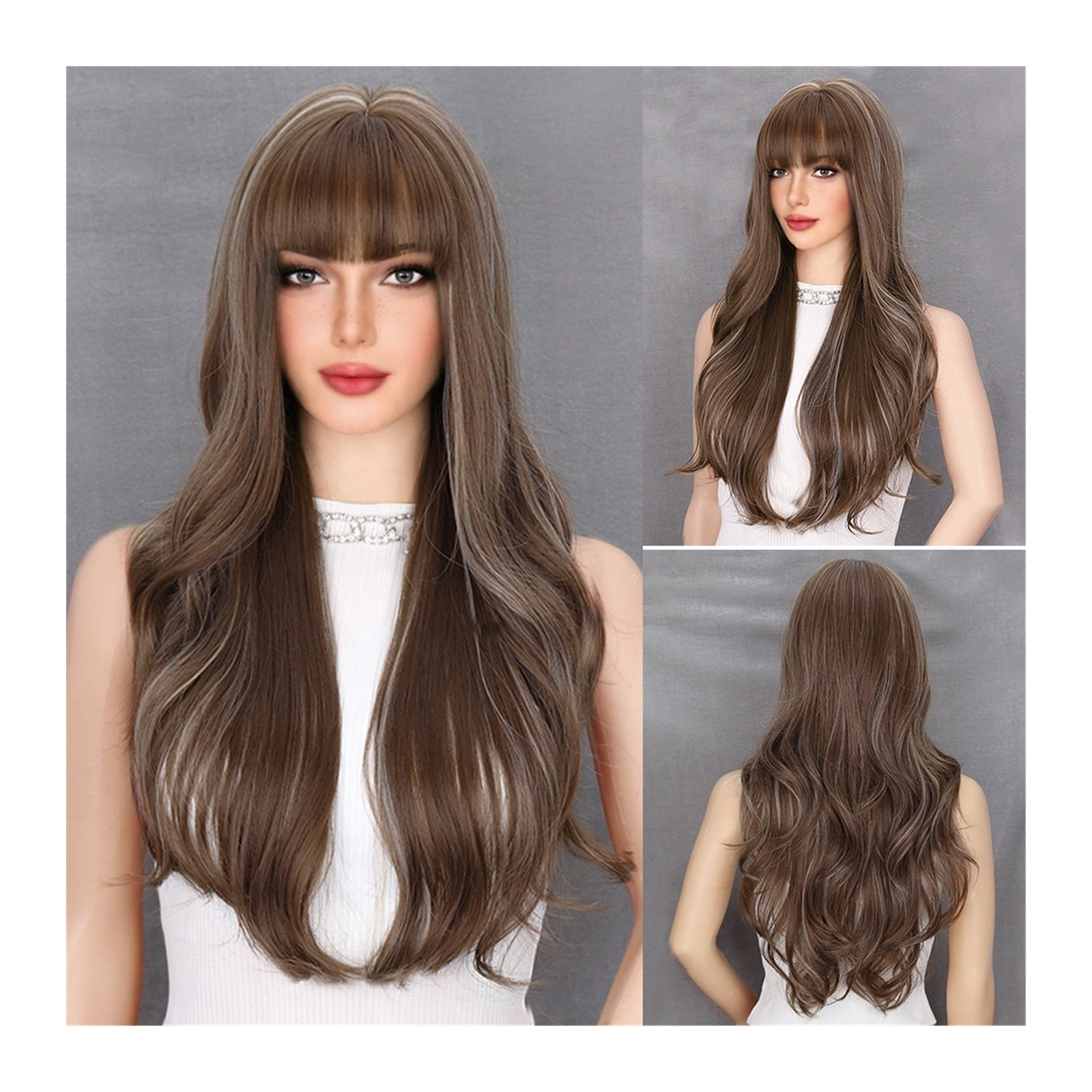 Long Brown Mixed Blonde Natural Wavy Wig Synthetic Wigs with Bang for Women Daily Cosplay Use Heat Resistant Hair