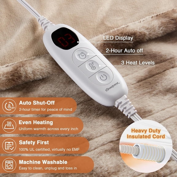 Long Brushed Faux Fur Chevron Pattern Electric Blanket, Auto Shut Off, Virtually Zero EMF, Multi Heat Setting,  Certified, Machine Washable, Taupe Ikat Throw 50x60