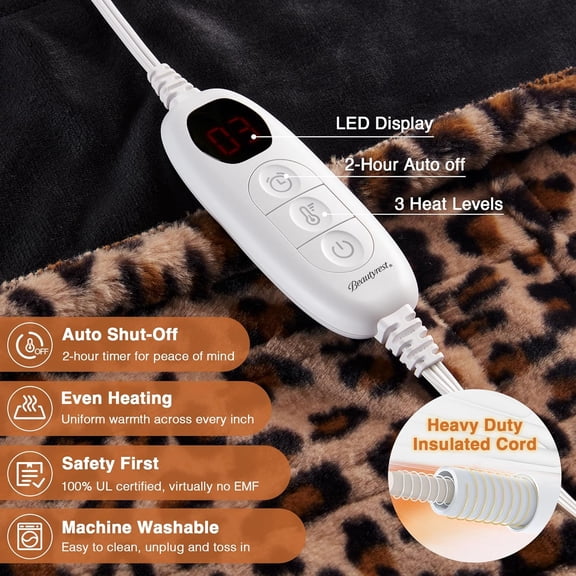 Long Brushed Faux Fur Ogee Textured Design Electric Blanket, Auto Shut Off, Virtually Zero EMF, Multi Heat Setting,  Certified, Machine Washable, Leopard Throw 50x60
