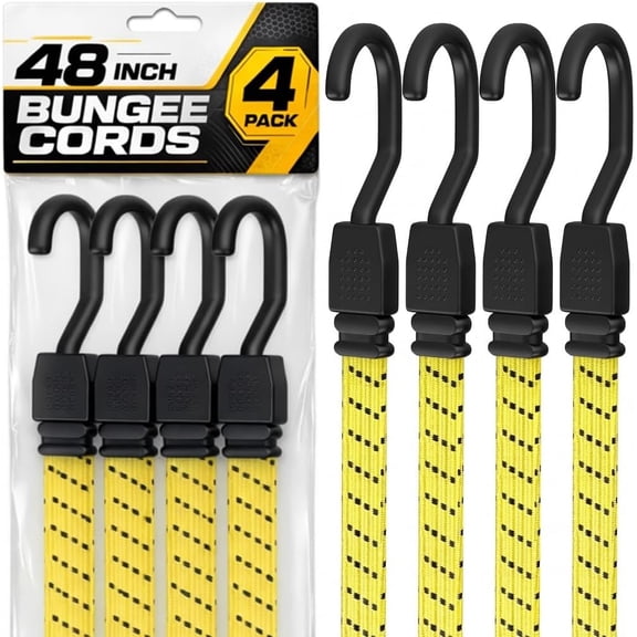 Long Bungee Cords with Hooks, Heavy Duty Bungee Cords, Dolly Straps, Elastic Tie Down Straps, Moving Rope, Rope with Hook, Soga Para Amarrar, Flat Rubber, Truck, Outdoor, 48 Inch, 4FT, 4 PK