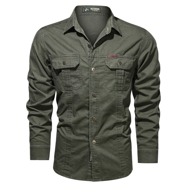 Shirt for Men's Long Sleeve Outdoor Cotton Washed Shirt Military Style Plus Size Shirts Trendy Tops, Size: 4XL, Green