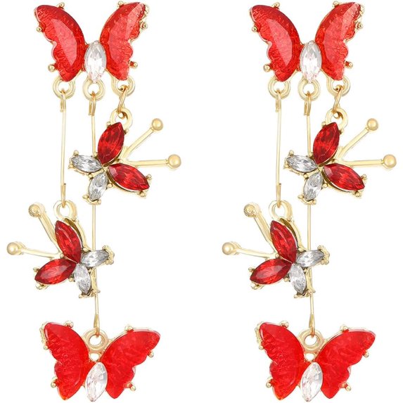 Long CZ Butterfly Tassel Drop Dangle Earrings for Women Gold-Toned Crystal Rhinestone Animal Insect Dangling Studs Earring Fashion Wedding Halloween Jewelry