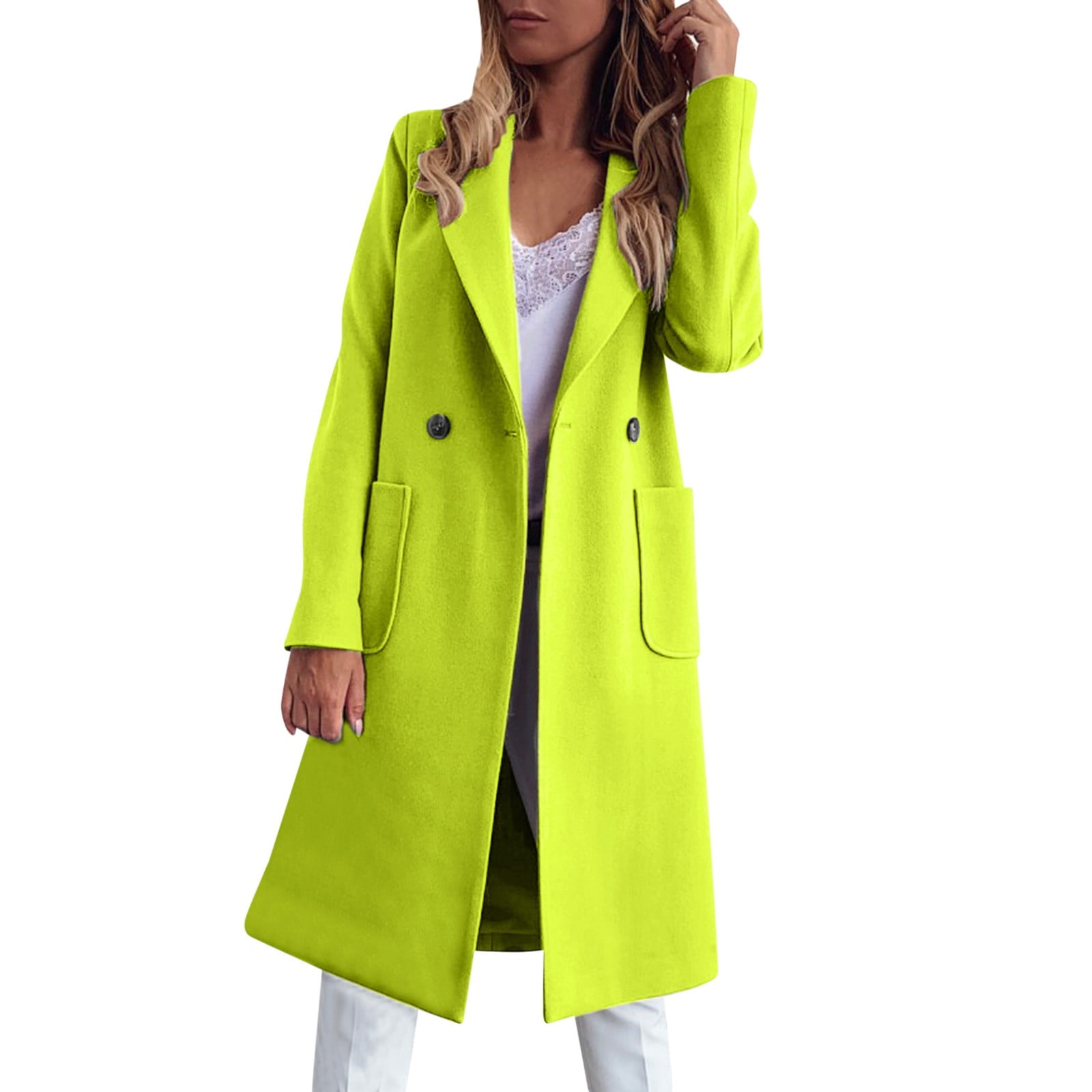 Long Candy Color Lapel Pocket Woolen Coat Elegant Over Coats - Walmart.com