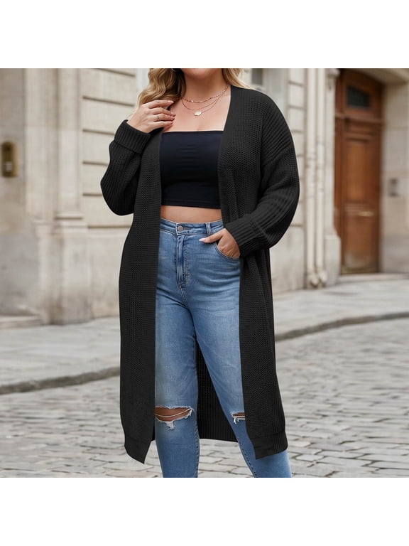 Long Cardigan Duster for Women Plus Size Open Front Knit Long Sleeve Casual Coat