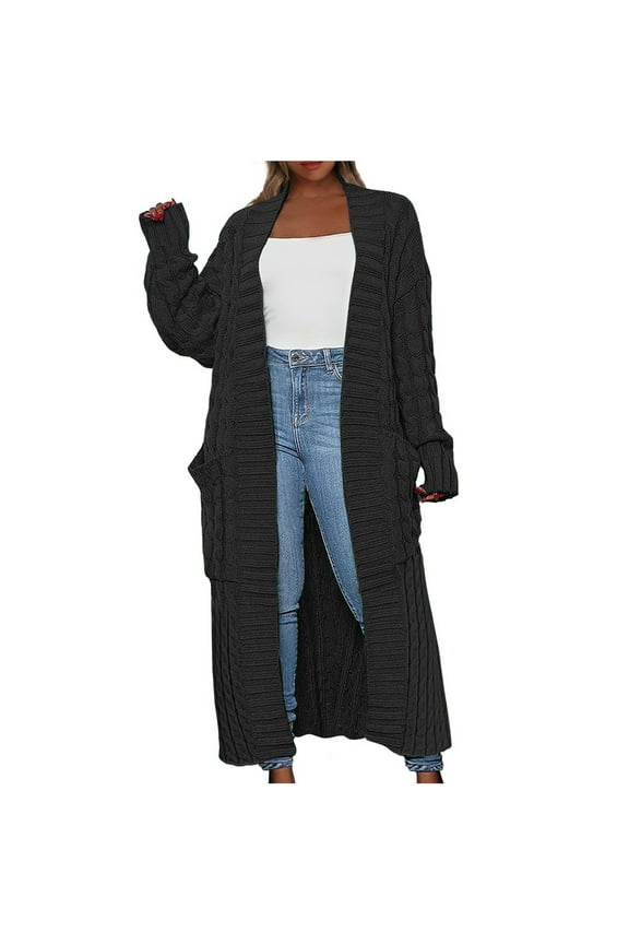 Long Cardigan Sweater Womens Open Front Long Sleeve Chunky Cable Knit Duster Outerwear Maxi Casual Jacket Coats (Large, Black)