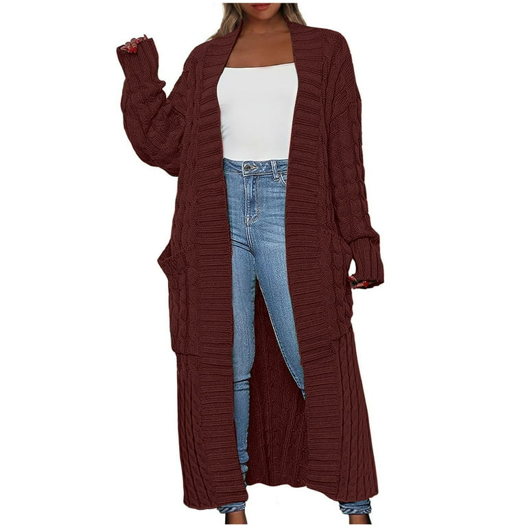 Long Cardigan Sweater Womens Open Front Long Sleeve Chunky Cable Knit Duster Outerwear Maxi Casual Jacket Coats Large Coffee