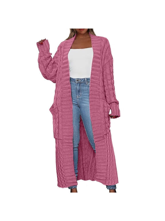 Long Cardigan Sweater Womens Open Front Long Sleeve Chunky Cable Knit Duster Outerwear Maxi Casual Jacket Coats (Large, Pink)
