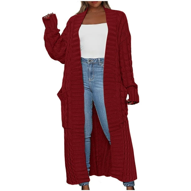 Long Cardigan Sweater Womens Open Front Long Sleeve Chunky Cable Knit Duster Outerwear Maxi Casual Jacket Coats Medium Red Walmart Business Supplies