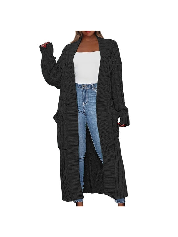 Long Cardigan Sweater Womens Open Front Long Sleeve Chunky Cable Knit Duster Outerwear Maxi Casual Jacket Coats (Small, Black)