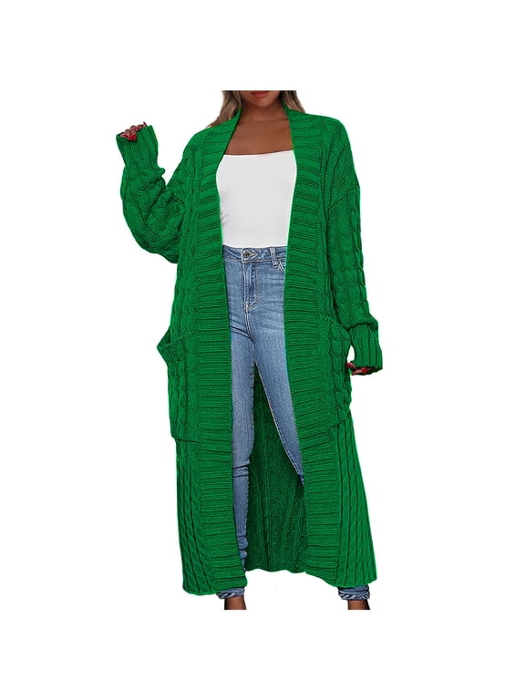 Long Cardigan Sweater Womens Open Front Long Sleeve Chunky Cable Knit Duster Outerwear Maxi Casual Jacket Coats (Medium, Green)