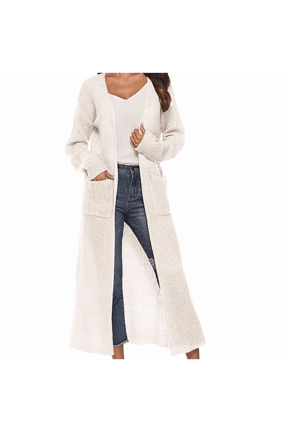 Long Cardigan Sweaters for Women Solid Color Open Front Duster Coat Long Sleeve Slouchy Knit Maxi Outerwear Trendy Casual Full Sleeve Maxi Coat with Pockets