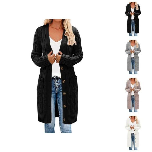 Long Cardigan Sweaters for Women 2025 Fall Winter Long Sleeve Cable Knit Open Front Button Sweater with Pockets