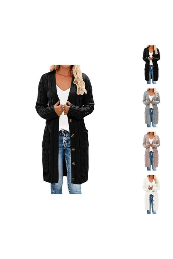 Long Cardigan Sweaters for Women 2025 Fall Winter Long Sleeve Cable Knit Open Front Button Sweater with Pockets