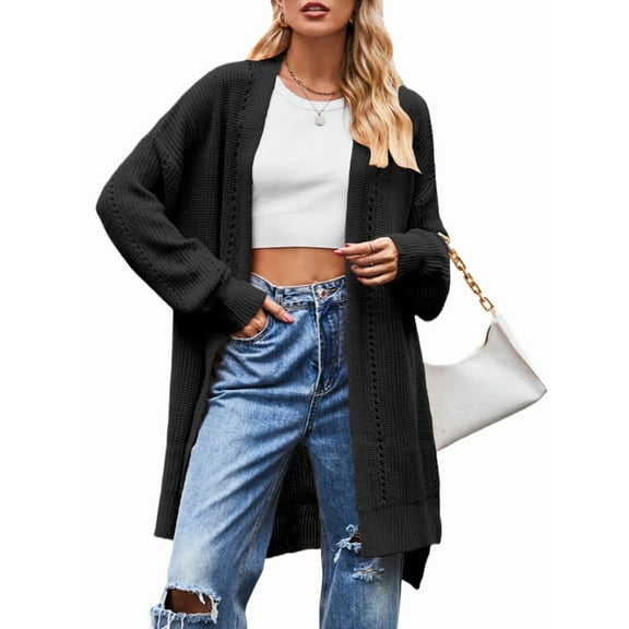 Long Cardigan Sweaters for Women Fall Trendy Oversized Open Front Winter Coat Black L
