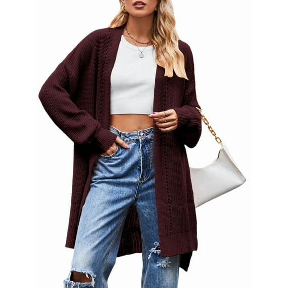 Long Cardigan Sweaters for Women Fall Trendy Oversized Open Front Winter Coat Wine Red S