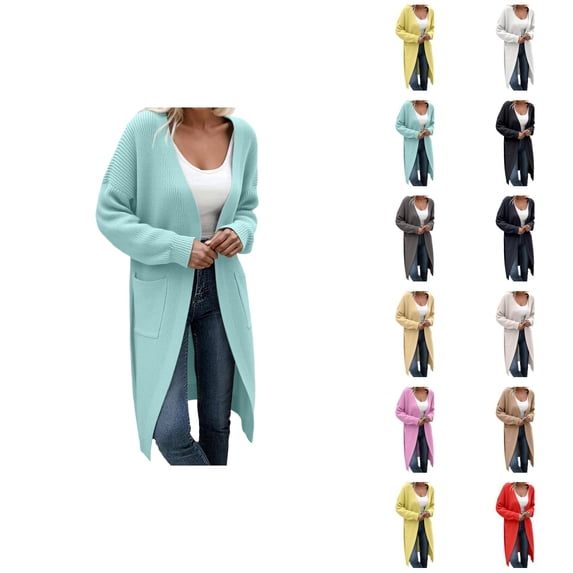 Long Cardigan Sweaters for Women Long Sleeve Loose Open Front Ribbed Knit Sweater Jacket with Pockets Fall Winter Coat