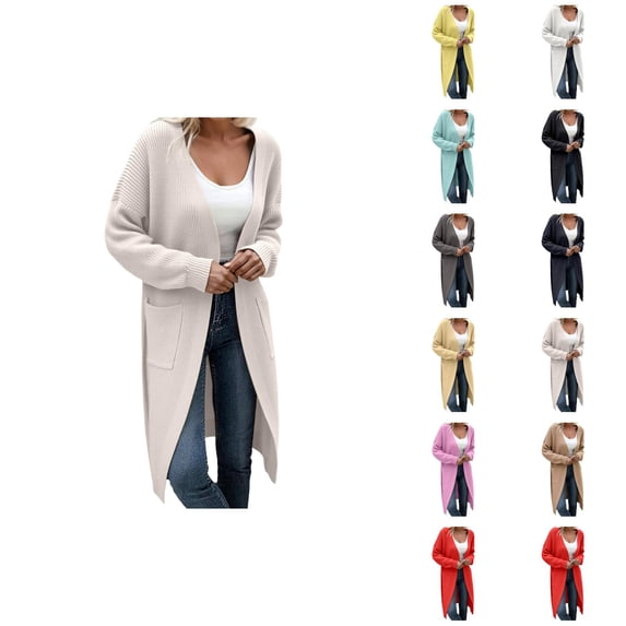 Long Cardigan Sweaters for Women Long Sleeve Loose Open Front Ribbed Knit Sweater Jacket with Pockets Fall Winter Coat