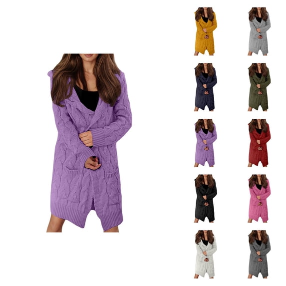 Long Cardigan Sweaters for Women Long Sleeve Oversized Open Front Cable Knit Hooded Coatigan Sweater Coats with Pockets