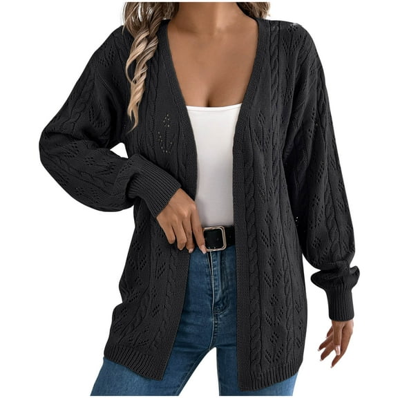 Long Cardigan Sweaters for Women Long Sleeve Plus Size Knit Coats Fall Loose Solid Color Open Front Sweater (Black XL)