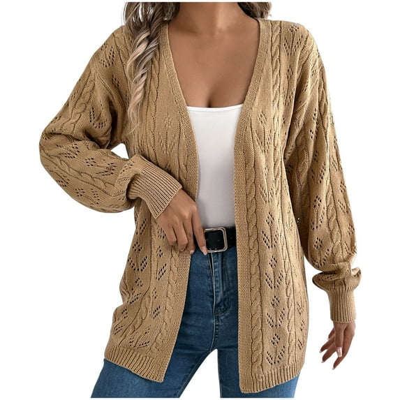 Long Cardigan Sweaters for Women Long Sleeve Plus Size Knit Coats Fall Loose Solid Color Open Front Sweater (Khaki S)