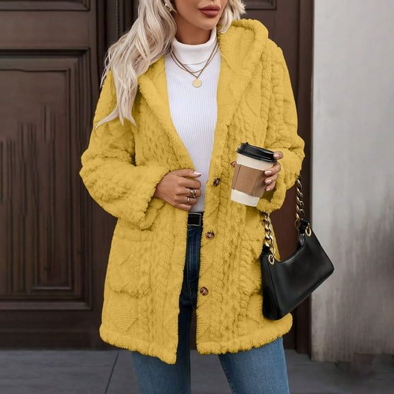 Long Cardigan Sweaters for Women Oversized Fleece Jackets Button Loose Hooded Fall Winter Warm Coat Outwears New Jacket for Women Yellow M
