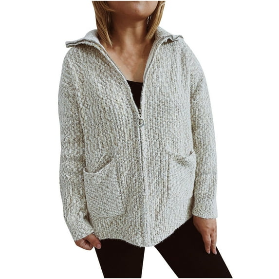 Long Cardigan Sweaters for Women Solid Color Open Front Knit Top Full Zip Sweatshirt with Pockets Oversized Coat (Khaki L)