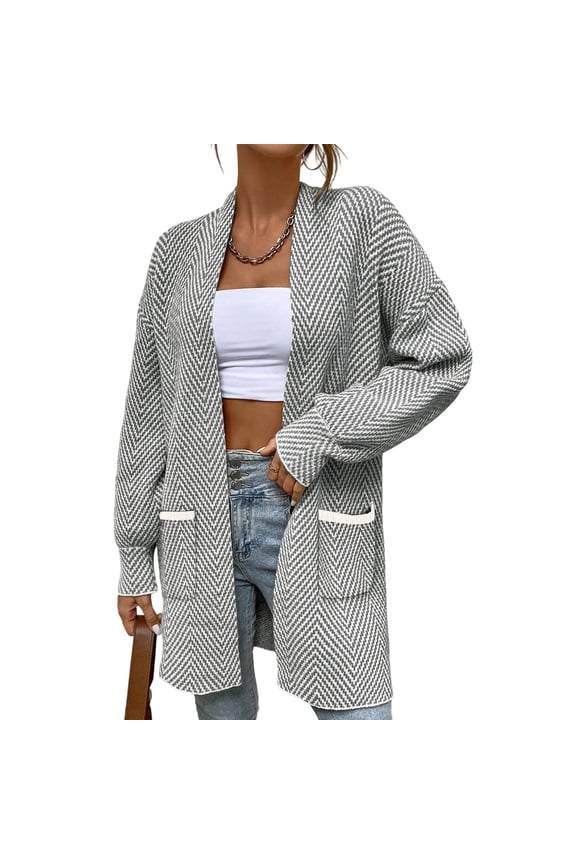 Long Cardigan Sweaters for Women Trendy Casual Long Sleeve Open Front Knitted Mid Length Fall Jackets with Pockets (L, White)