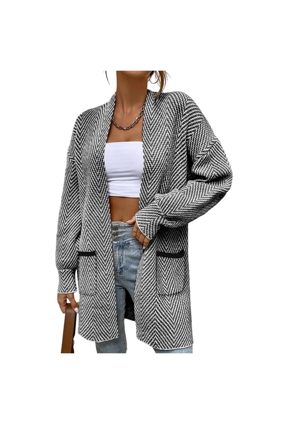 Long Cardigan Sweaters for Women Trendy Casual Long Sleeve Open Front Knitted Mid Length Fall Jackets with Pockets (M, Gray)