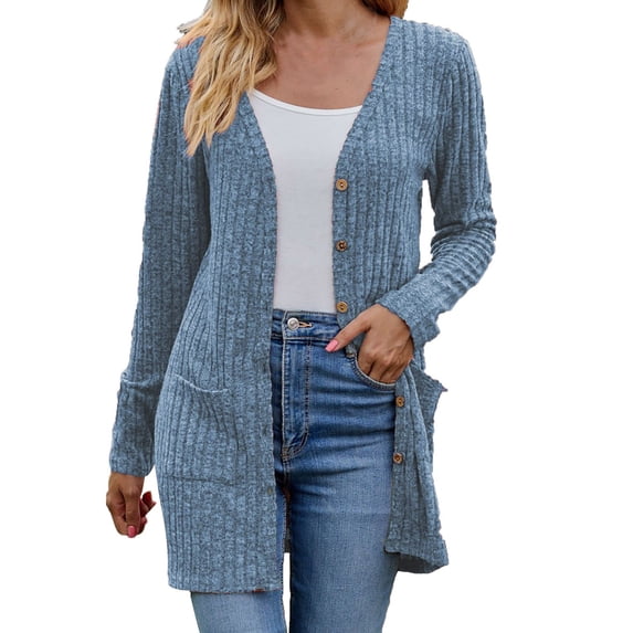 Long Cardigan for Women Button Down Ribbed Knit Sweater Cardigans Casual Dressy Fall Outwear with Pockets