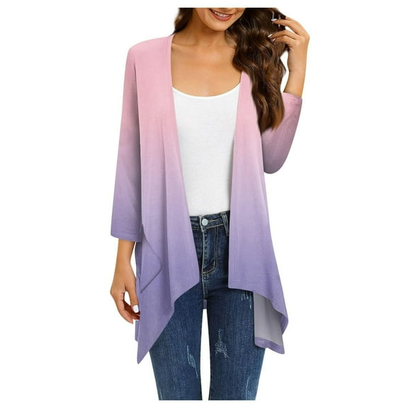 Long Cardigans For Women Sevevn Women's Gradient Printed Long Sleeved Irregular Hem Pleated Cardigan