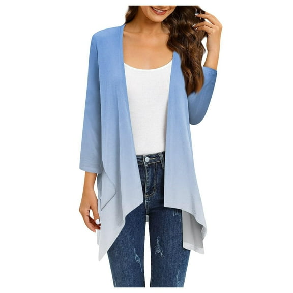 Long Cardigans For Women Sevevn Women's Gradient Printed Long Sleeved Irregular Hem Pleated Cardigan