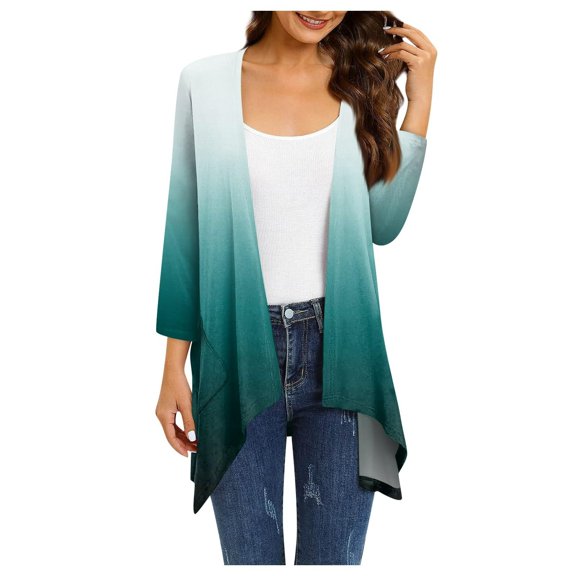 Long Cardigans For Women Sevevn Women's Gradient Printed Long Sleeved Irregular Hem Pleated Cardigan