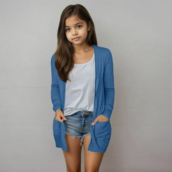 Long Cardigans for Kids 5-14 Years Girls Open Front Long Sleeve Lightweight Cardigans Solid Casual Draped Cardigans with Pocket For Everyday Wear 10-12 Years