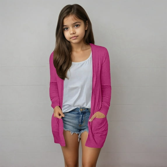 Long Cardigans for Kids 5-14 Years Girls Open Front Long Sleeve Lightweight Cardigans Solid Casual Draped Cardigans with Pocket For Everyday Wear 10-12 Years