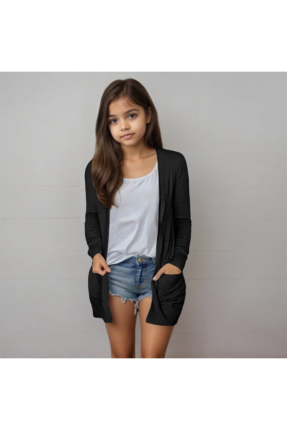 Long Cardigans for Kids 5-14 Years Girls Open Front Long Sleeve Lightweight Cardigans Solid Casual Draped Cardigans with Pocket For Everyday Wear 5-6 Years