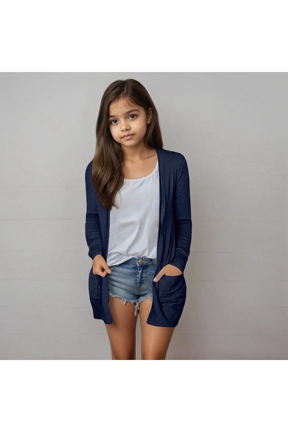 Long Cardigans for Kids 5-14 Years Girls Open Front Long Sleeve Lightweight Cardigans Solid Casual Draped Cardigans with Pocket For Everyday Wear 7-8 Years