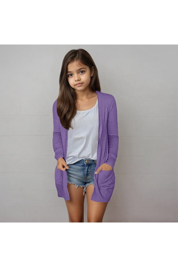 Long Cardigans for Kids 5-14 Years Girls Open Front Long Sleeve Lightweight Cardigans Solid Casual Draped Cardigans with Pocket For Everyday Wear 7-8 Years