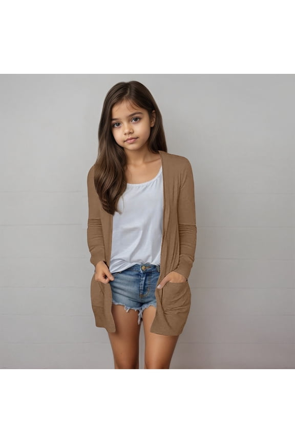 Long Cardigans for Kids 5-14 Years Girls Open Front Long Sleeve Lightweight Cardigans Solid Casual Draped Cardigans with Pocket For Everyday Wear 7-8 Years