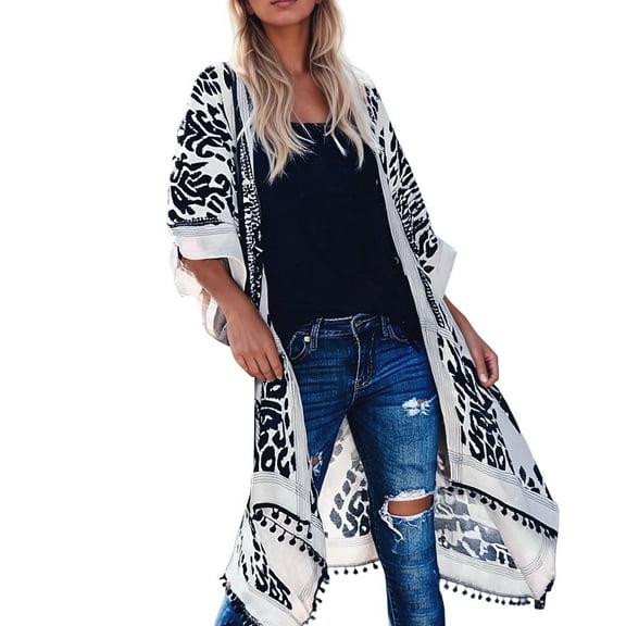 Long Cardigans for Women Kimono Cover Up Floral Print Boho Beach Casual Elbow Sleeve Open Front Long Blouses Loose Fit Cardigans for Women Trendy Dark Blue One Size