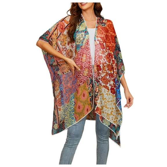 Long Cardigans for Women Lightweight Casual Kimono Cover Up Floral Print Boho Beach Elbow Sleeve Open Front Tops Loose Sweaters for Women YA Red One Size