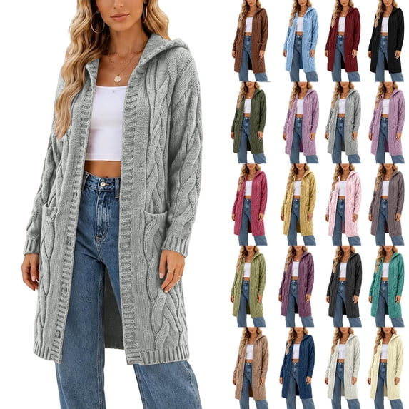 Long Cardigans for Women Plus Size Hooded Knit Sweaters Elastic Cuffs Casual Ribbed Open Front Cardigan Soft Stretchy Long Sleeve Pullover with Pocket