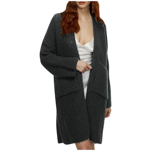 Long Cardigans for Women Knit Coat Sweaters with Pockets Casual Long Sleeve Open Front Top Solid Color Fall Clothes (Dark Gray L)
